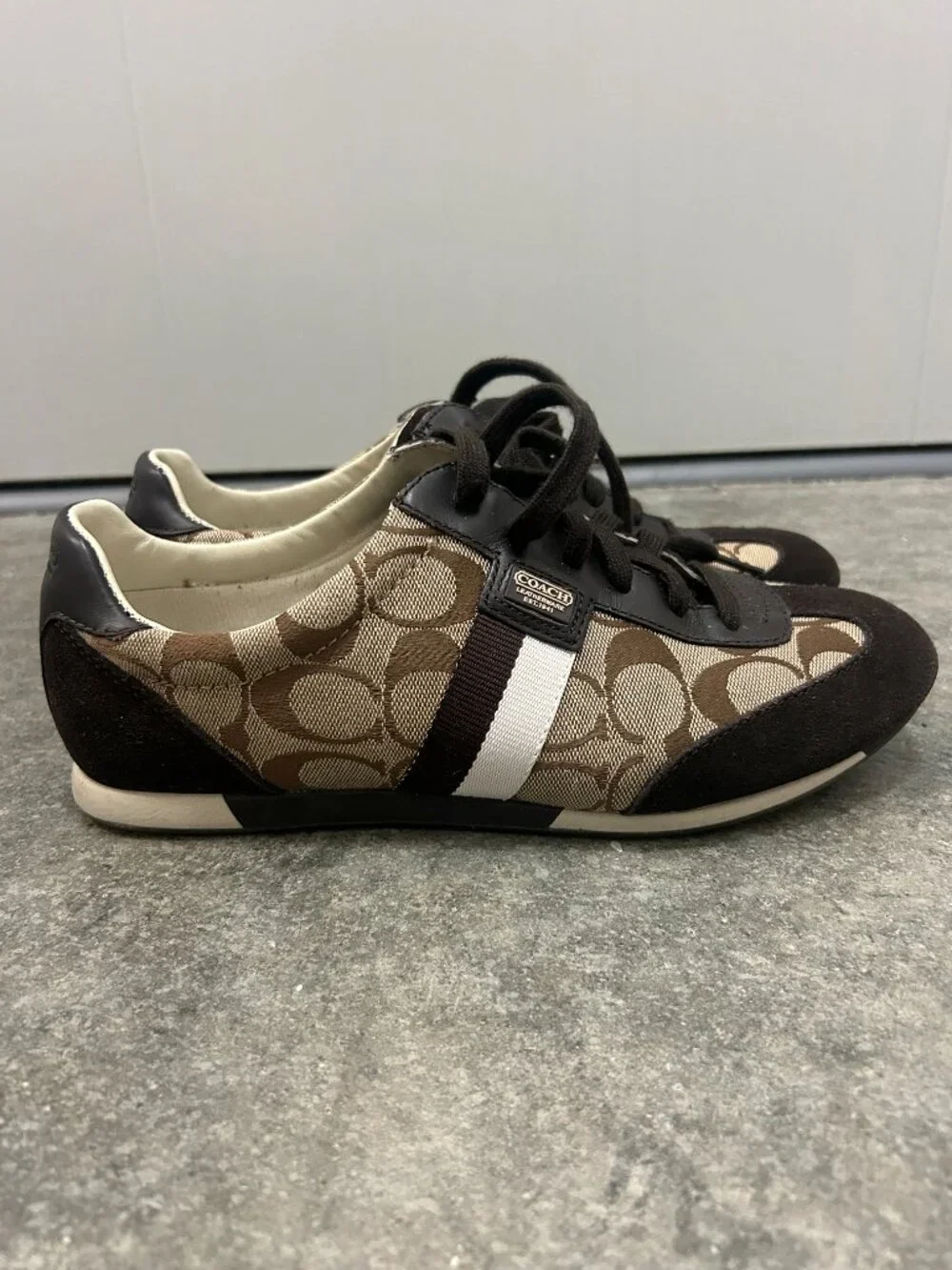 Vintage COACH Joss Signature C Jacquard Suede Sneakers Brown Q293 Women’s 9M